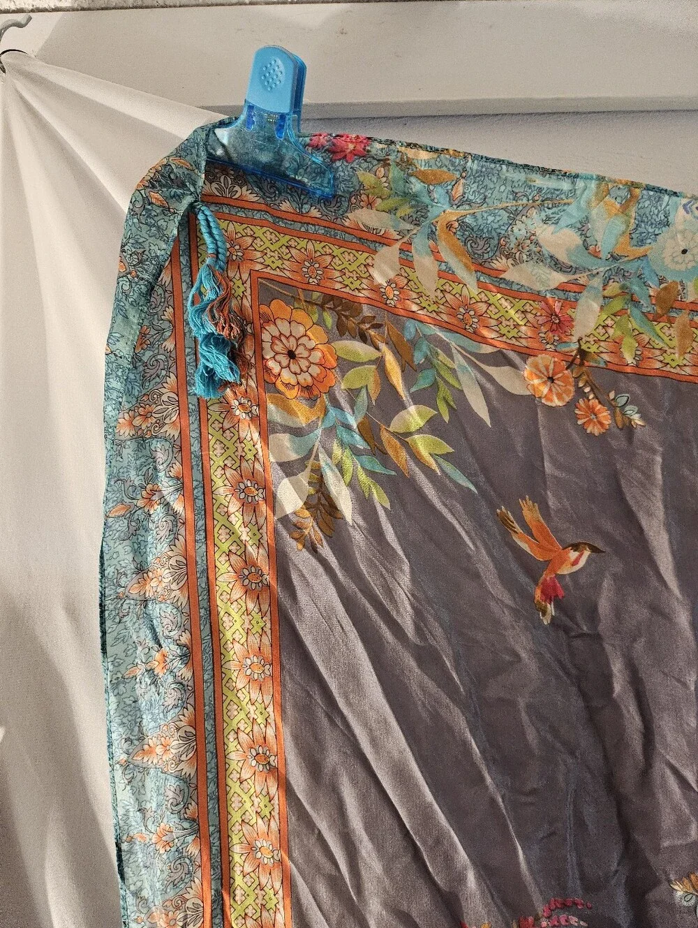 *Johnny Was Silk Square Scarf Floral Botanical Bird Print with Corner Tassels